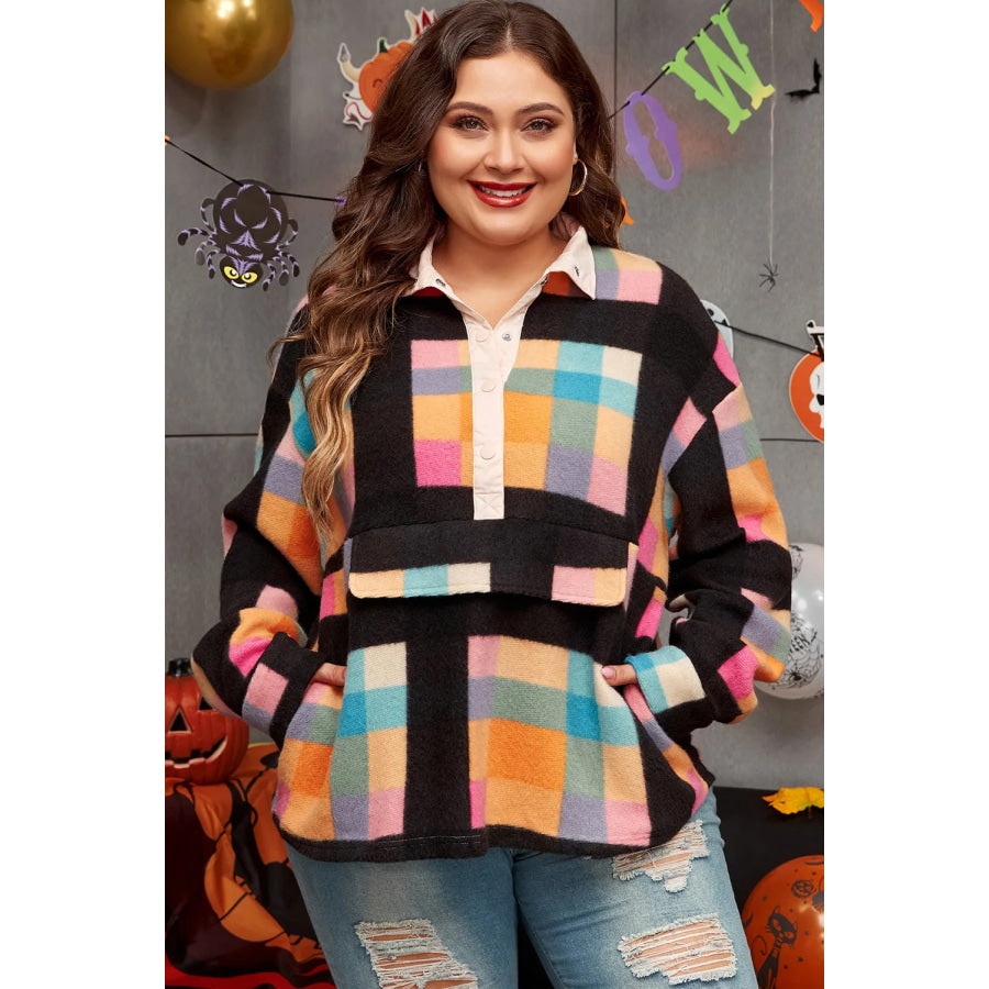Plus Size Color Block Half Snap Long Sleeve Sweatshirt Apparel and Accessories