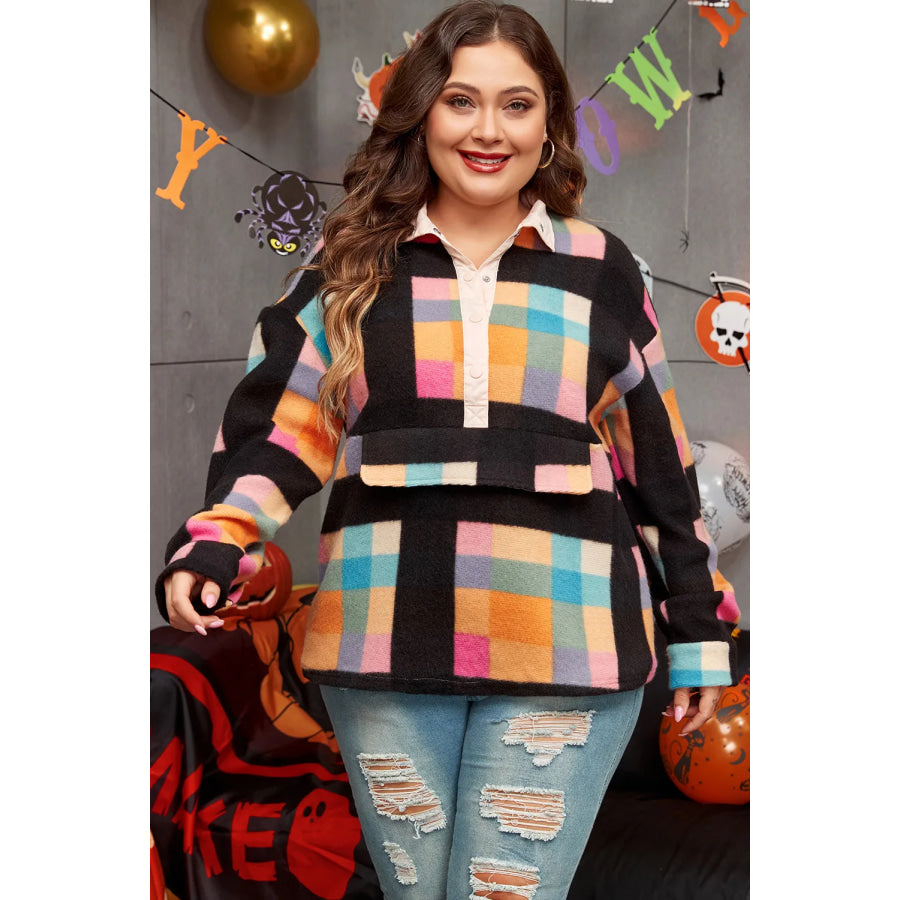 Plus Size Color Block Half Snap Long Sleeve Sweatshirt Black / 1XL Apparel and Accessories