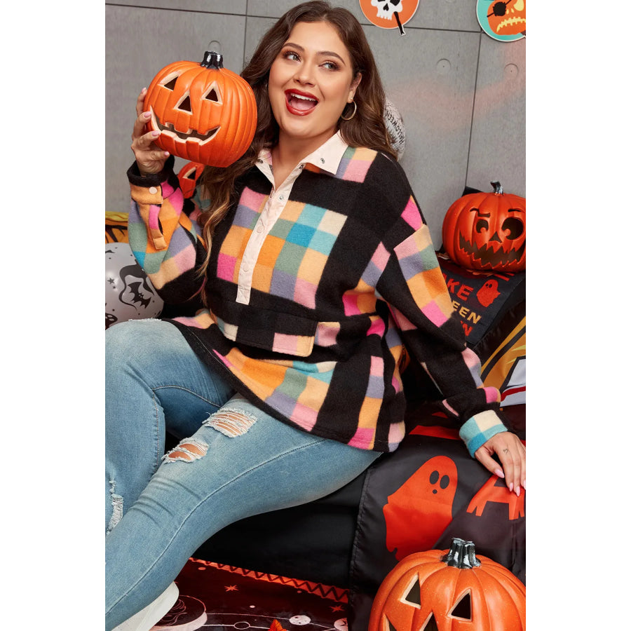 Plus Size Color Block Half Snap Long Sleeve Sweatshirt Apparel and Accessories