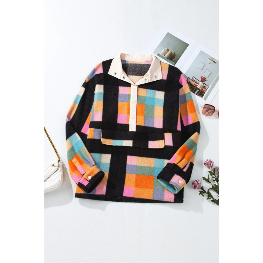 Plus Size Color Block Half Snap Long Sleeve Sweatshirt Apparel and Accessories