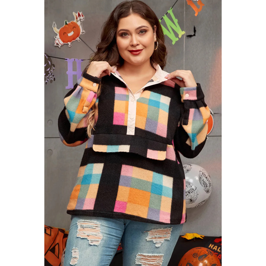 Plus Size Color Block Half Snap Long Sleeve Sweatshirt Black / 1XL Apparel and Accessories