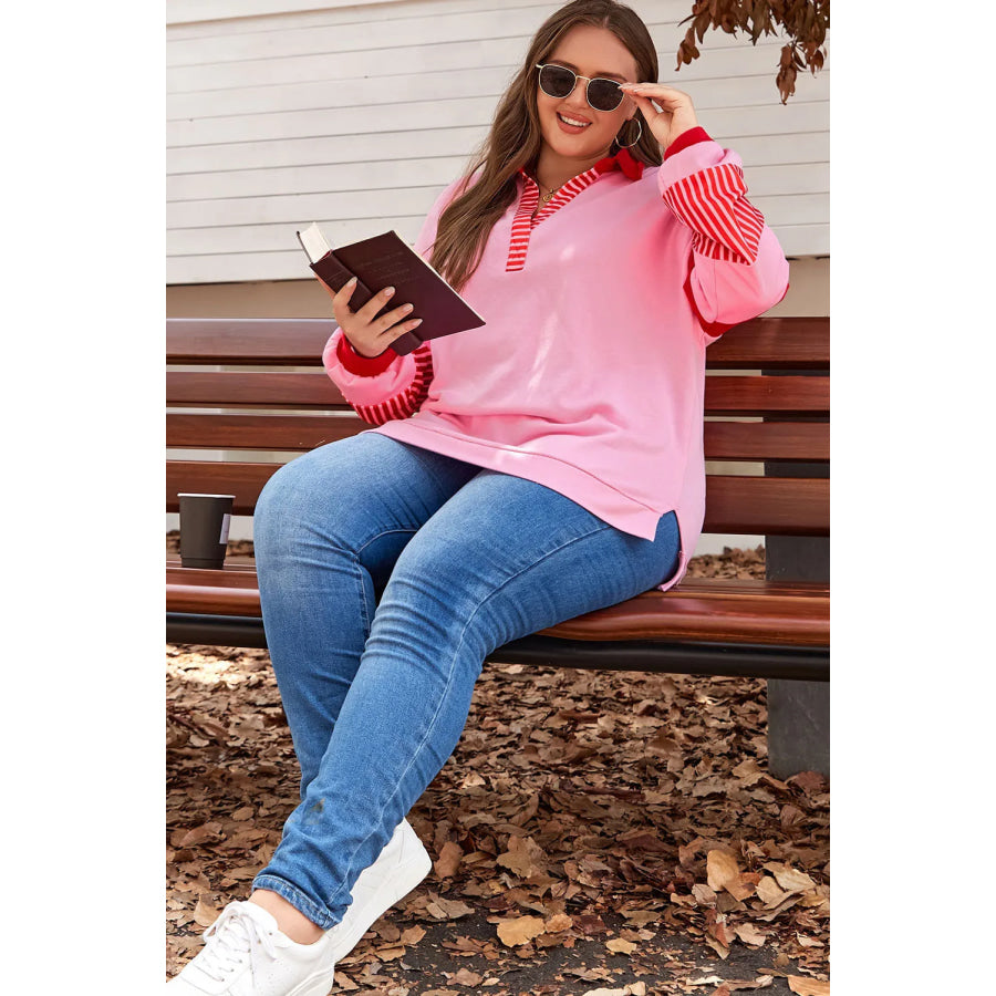 Plus Size Color Block Johnny Collar Long Sleeve Sweatshirt Apparel and Accessories