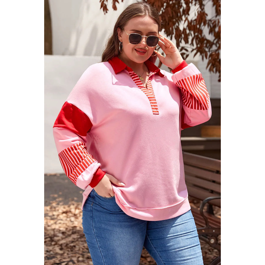Plus Size Color Block Johnny Collar Long Sleeve Sweatshirt Pink / 1XL Apparel and Accessories