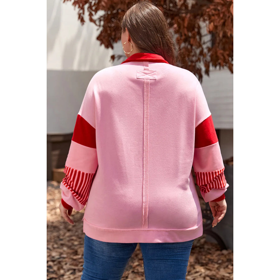 Plus Size Color Block Johnny Collar Long Sleeve Sweatshirt Apparel and Accessories