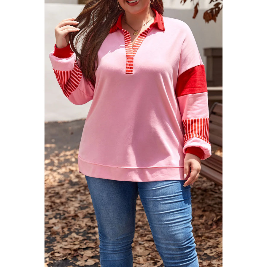 Plus Size Color Block Johnny Collar Long Sleeve Sweatshirt Pink / 1XL Apparel and Accessories
