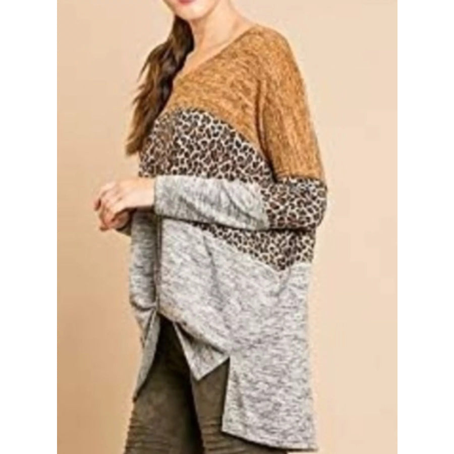 Plus Size Color-Block Leopard Print Twist-Front Long Sleeve T-Shirt Khaki / XL Apparel and Accessories