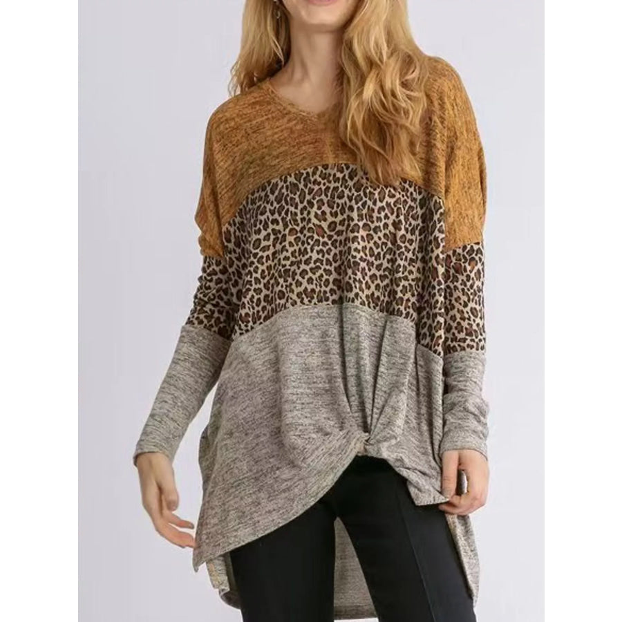 Plus Size Color-Block Leopard Print Twist-Front Long Sleeve T-Shirt Khaki / XL Apparel and Accessories