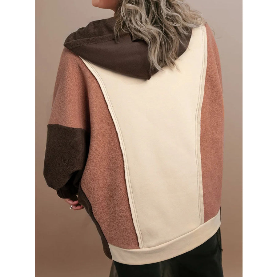 Plus Size Color Block Long Sleeve Hoodie Tan / 1XL Apparel and Accessories
