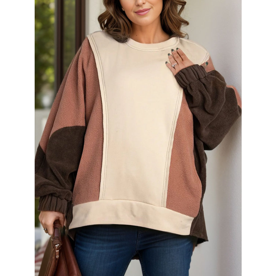 Plus Size Color Block Long Sleeve Hoodie Tan / 1XL Apparel and Accessories