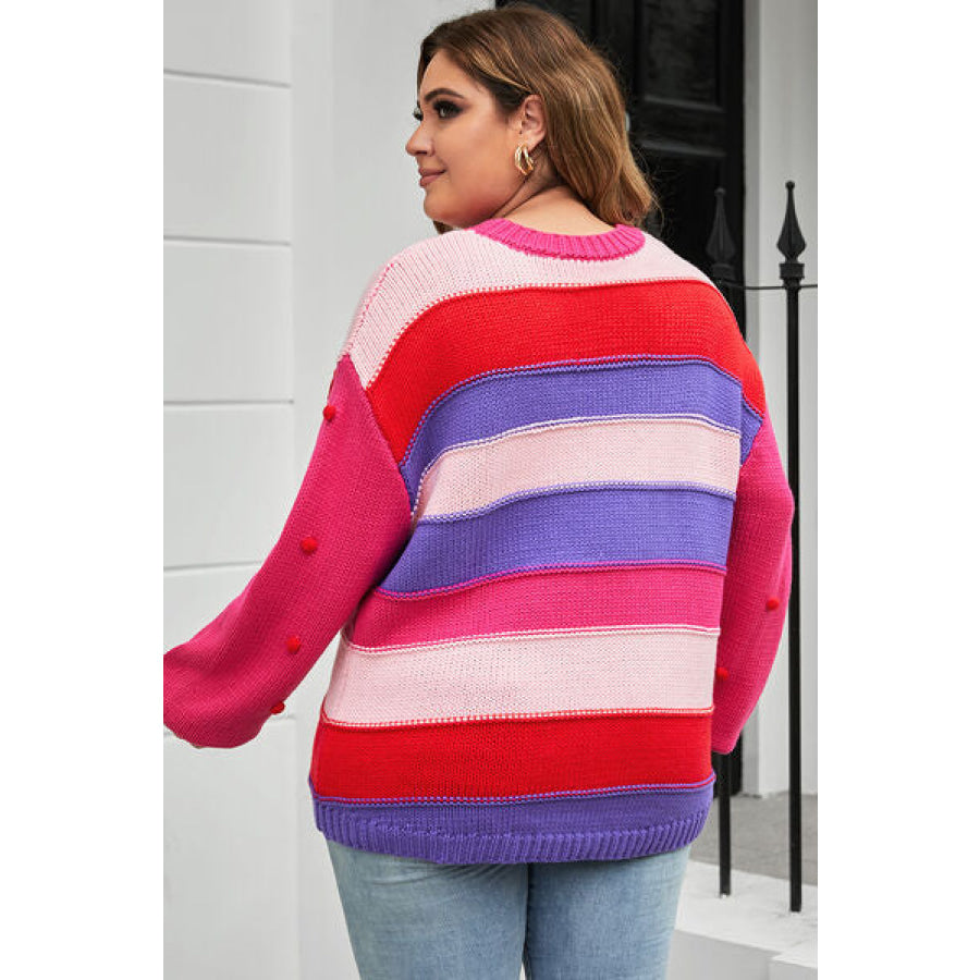 Plus Size Color Block Pom-Pom Trim Sweater Strawberry / 1XL Clothing