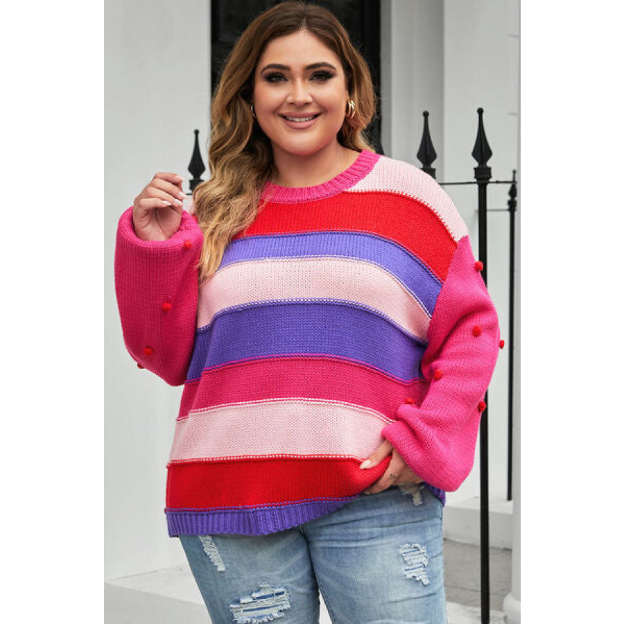 Plus Size Color Block Pom-Pom Trim Sweater Strawberry / 1XL Clothing