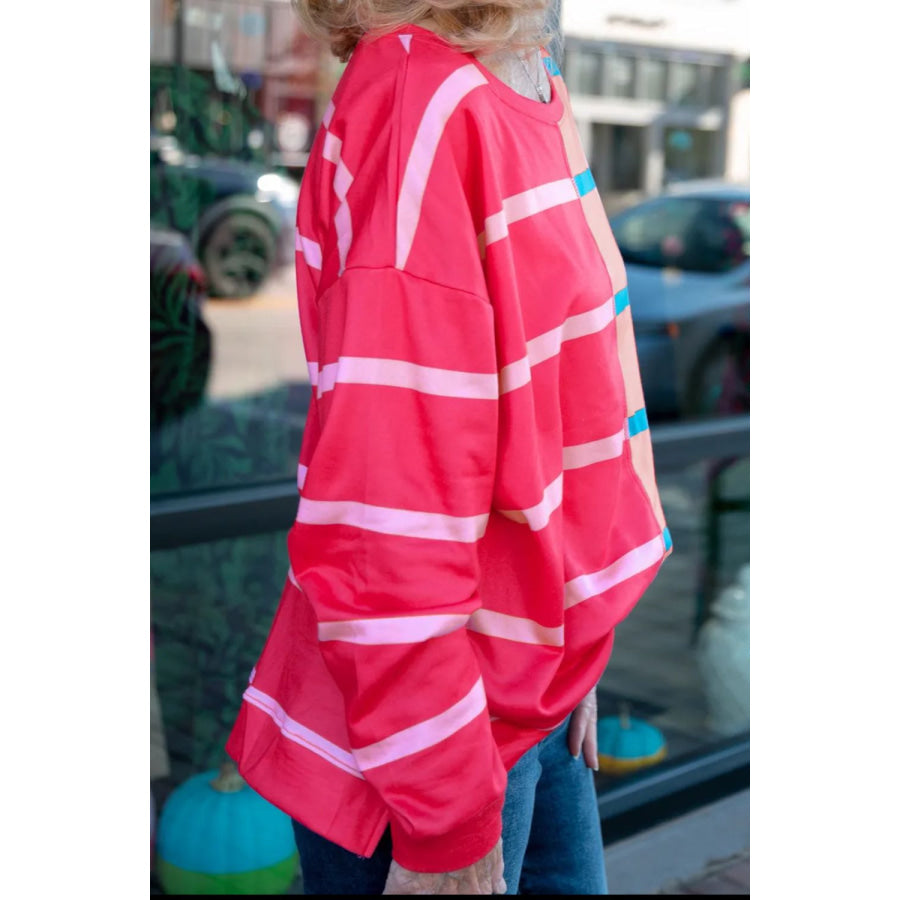 Plus Size Color Block Round Neck Long Sleeve Top Hot Pink / 1XL Apparel and Accessories