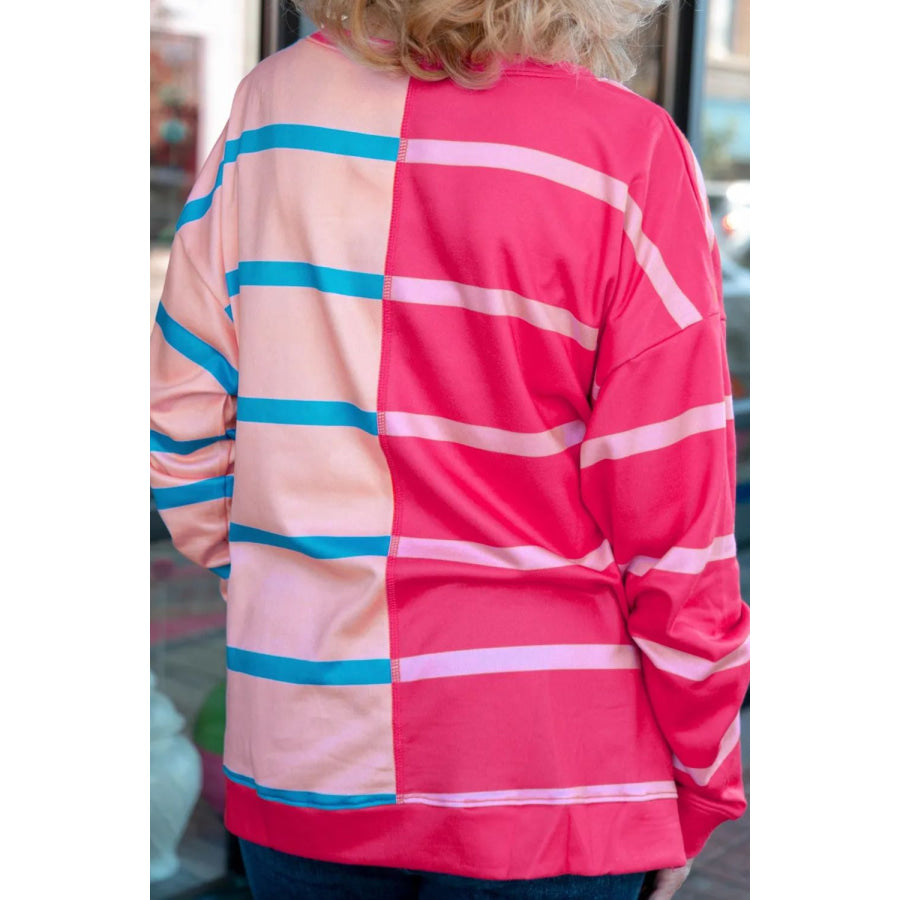 Plus Size Color Block Round Neck Long Sleeve Top Apparel and Accessories