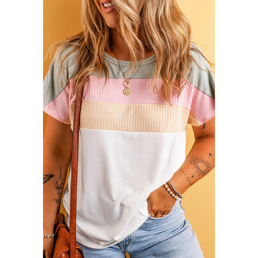 Plus Size Color Block Round Neck Short Sleeve T-Shirt White / 1XL Apparel and Accessories