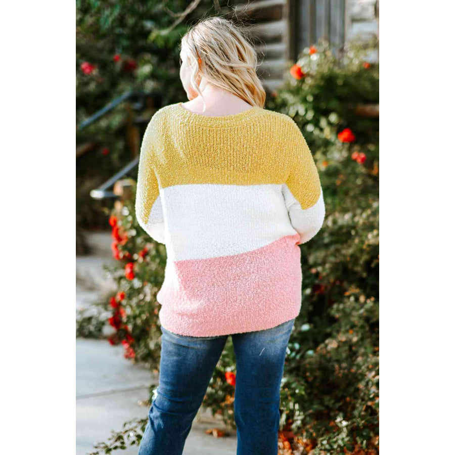 Plus Size Color Block Round Neck Sweater Banana Yellow / 1X Apparel and Accessories