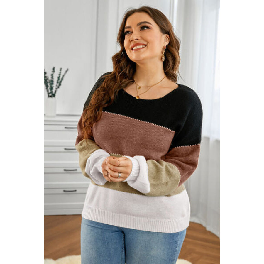 Plus Size Color Block Round Neck Sweater Apparel and Accessories