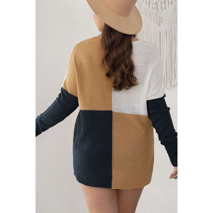 Plus Size Color Block Round Neck Sweater Tan / 1XL Apparel and Accessories