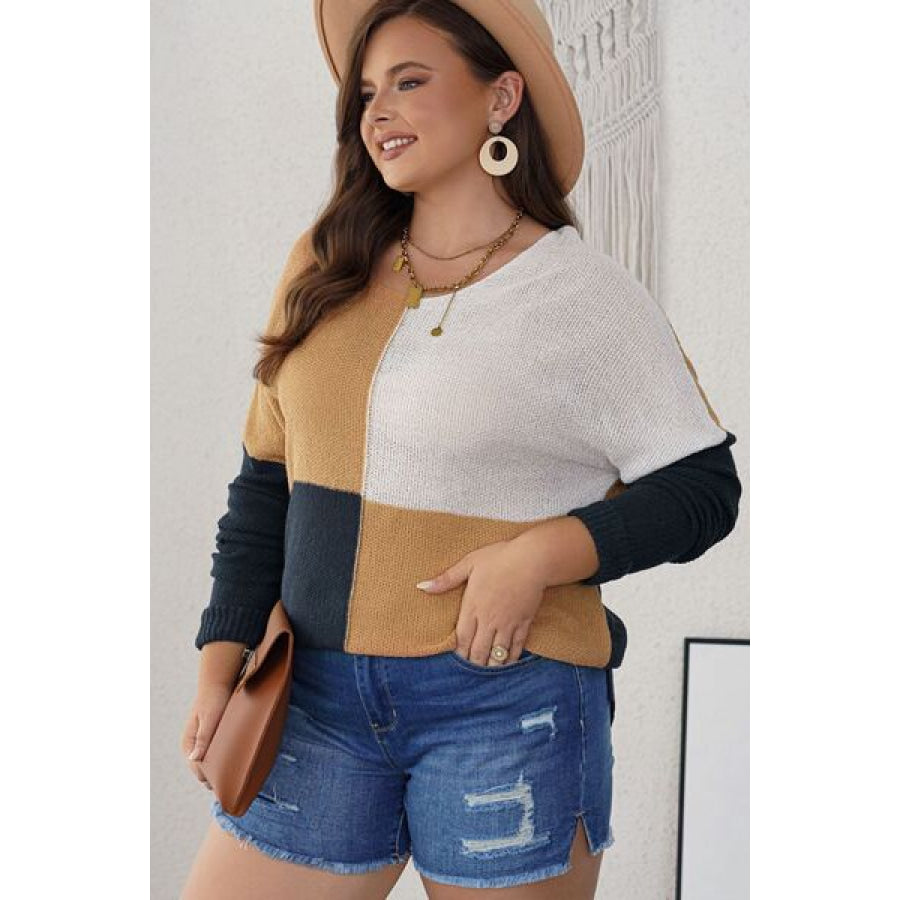 Plus Size Color Block Round Neck Sweater Apparel and Accessories
