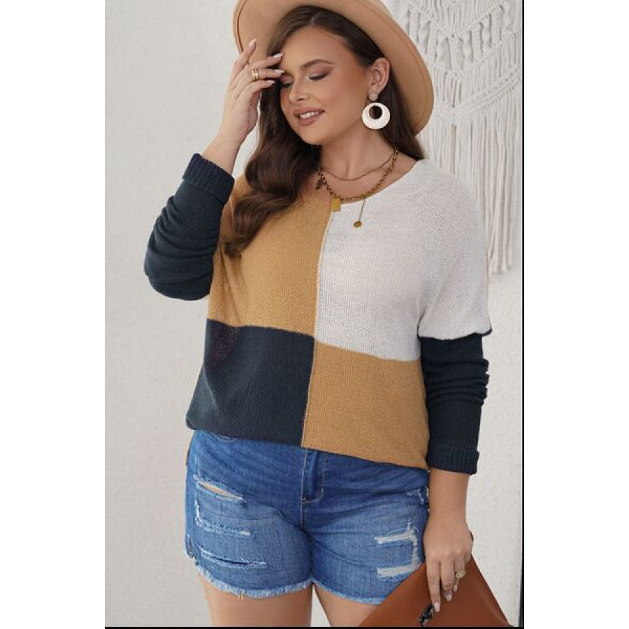 Plus Size Color Block Round Neck Sweater Apparel and Accessories