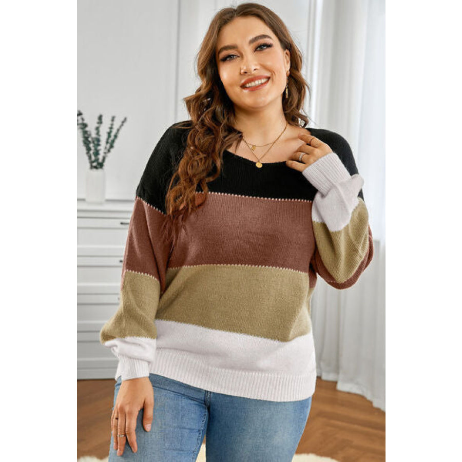 Plus Size Color Block Round Neck Sweater Black / 1XL Apparel and Accessories