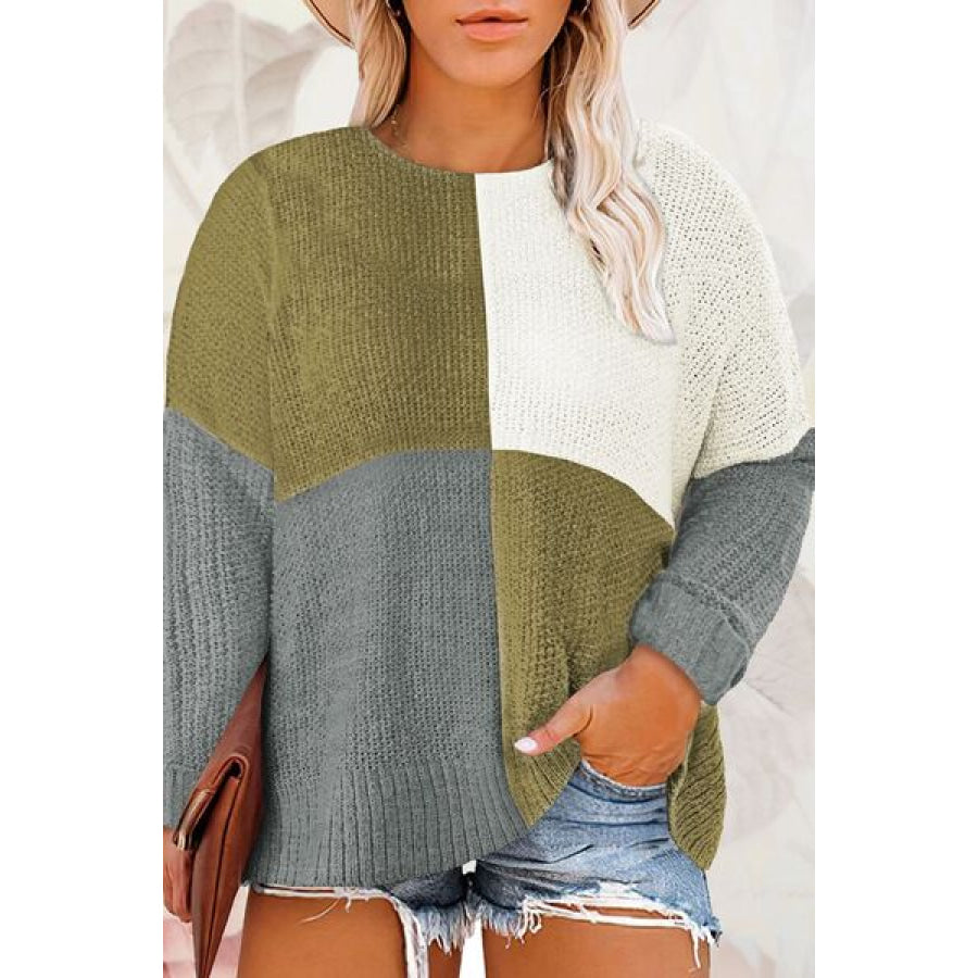 Plus Size Color Block Round Neck Sweater Lime / 1XL Apparel and Accessories