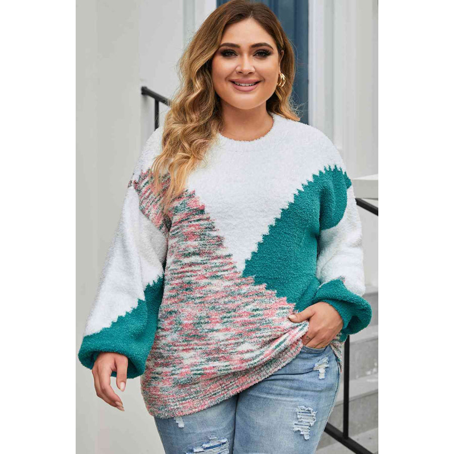 Plus Size Color Block Round Neck Sweater Multicolor / 1XL