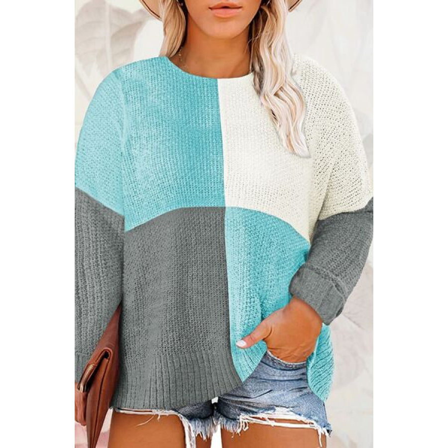 Plus Size Color Block Round Neck Sweater Tiffany Blue / 1XL Apparel and Accessories