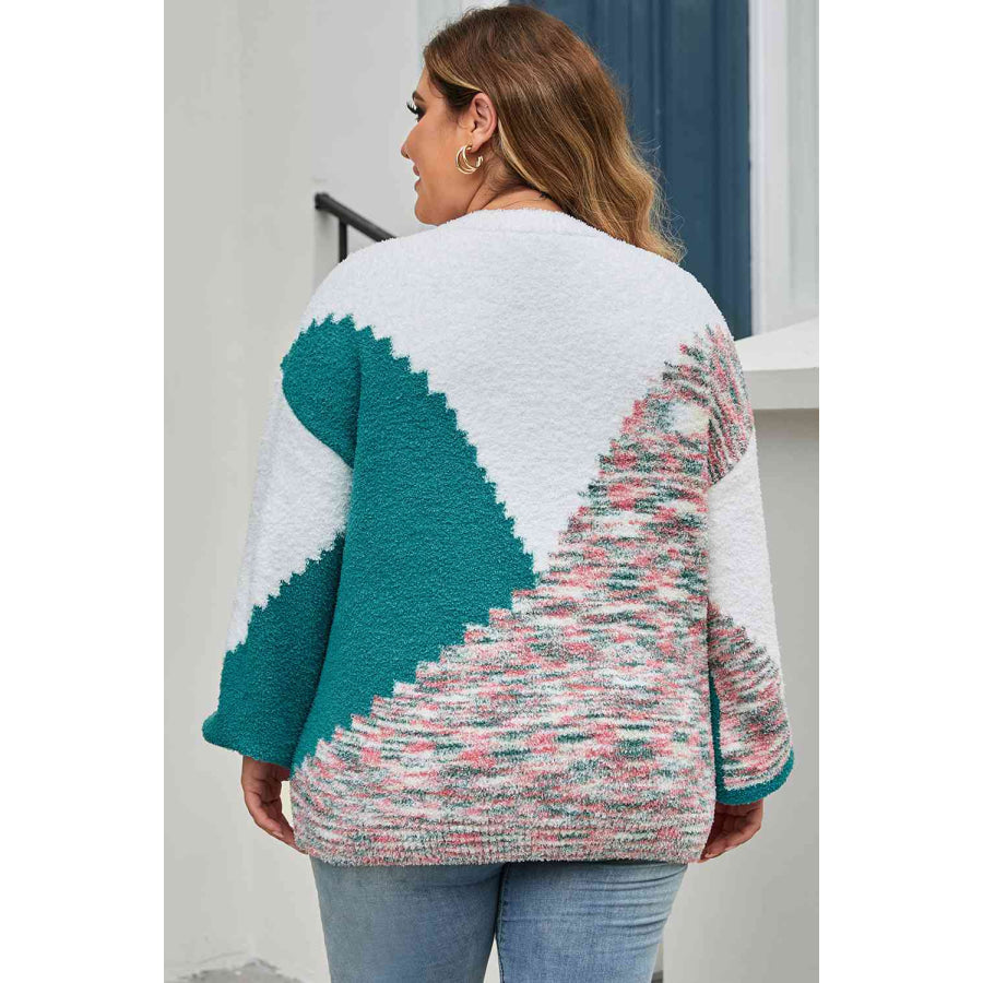 Plus Size Color Block Round Neck Sweater Multicolor / 1XL