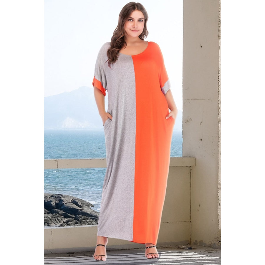 Plus Size Color Block Tee Dress with Pockets Gray/Red Orange / XL