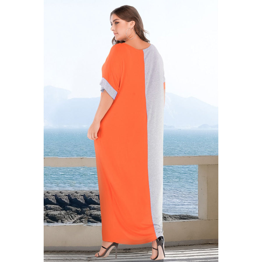 Plus Size Color Block Tee Dress with Pockets Gray/Red Orange / XL