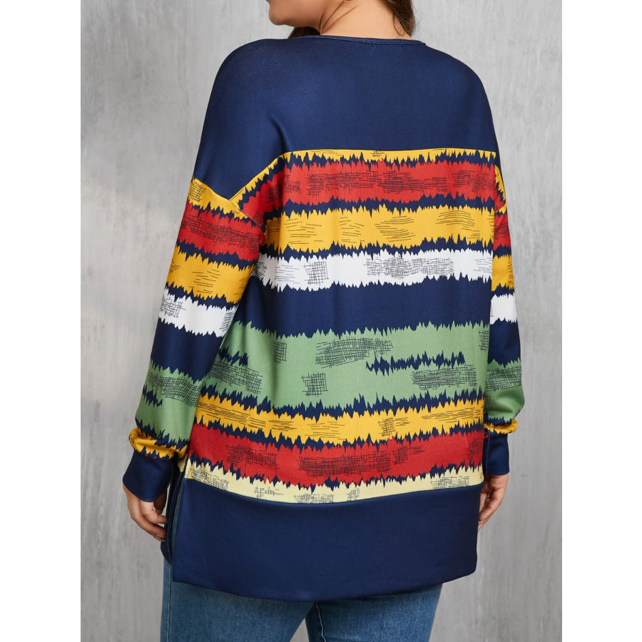 Plus Size Color Block V-Neck Long Sleeve T-Shirt Navy / 0XL Apparel and Accessories