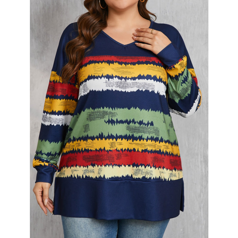 Plus Size Color Block V-Neck Long Sleeve T-Shirt Navy / 0XL Apparel and Accessories