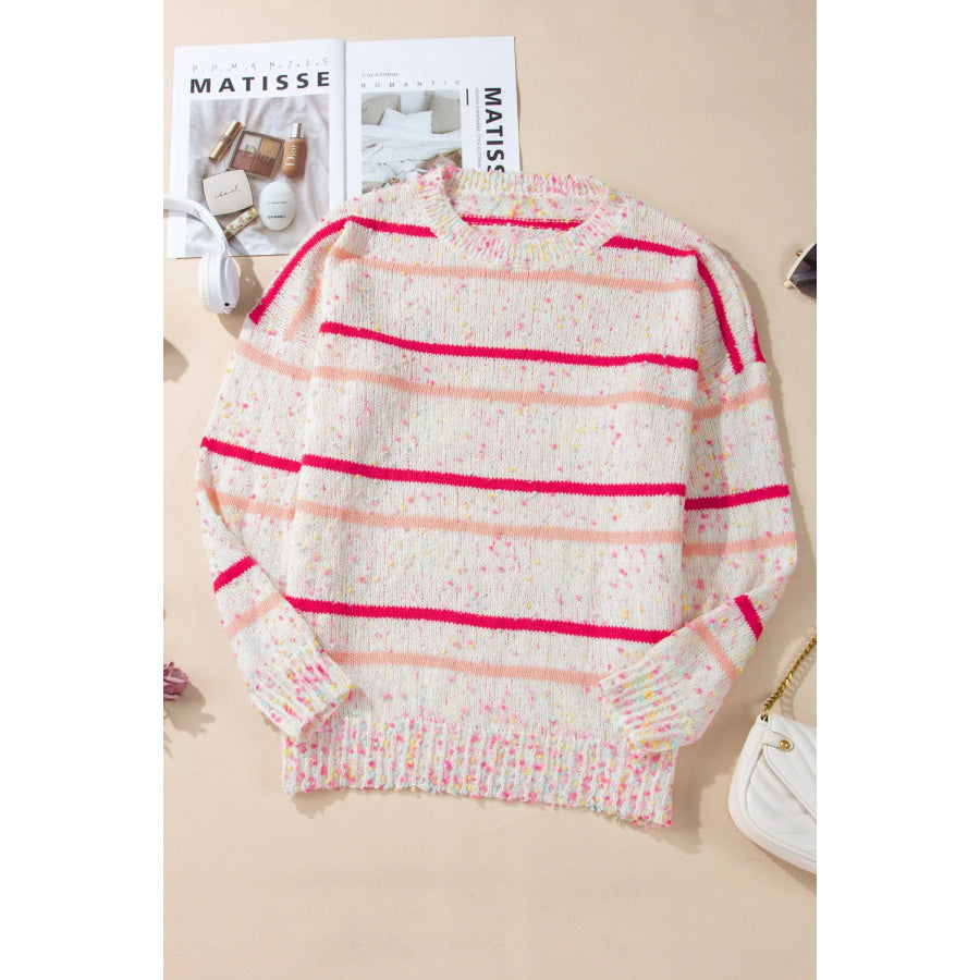 Plus Size Confetti Striped Round Neck Sweater Apparel and Accessories