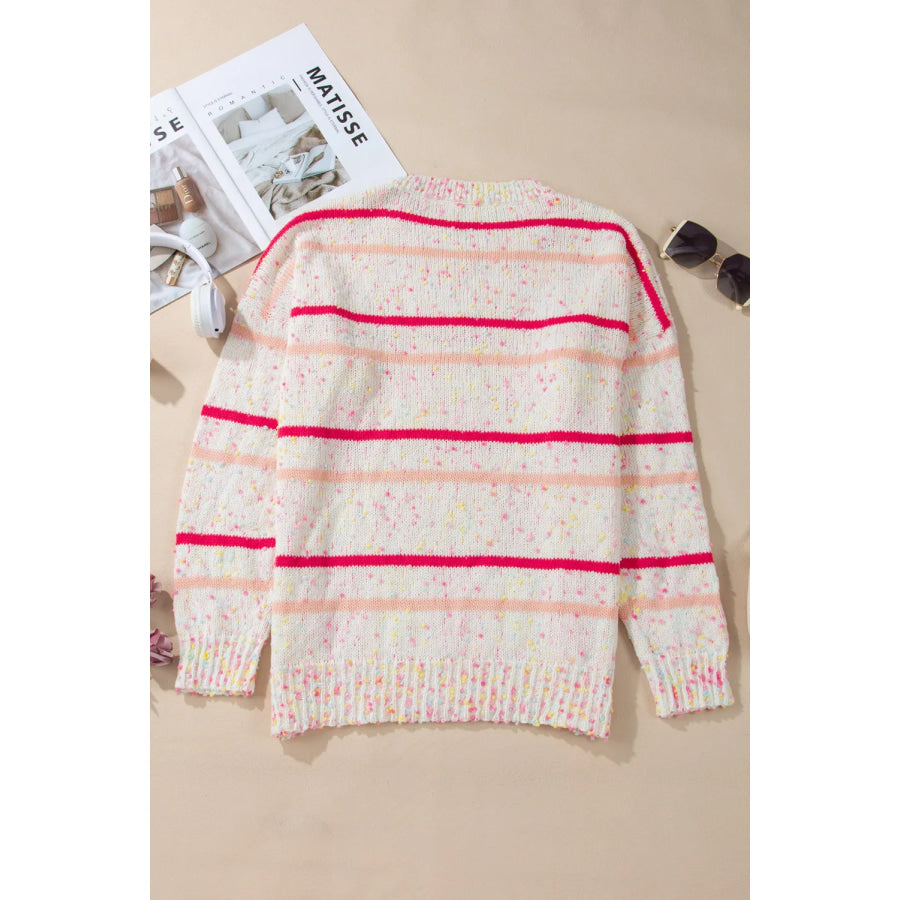 Plus Size Confetti Striped Round Neck Sweater Apparel and Accessories