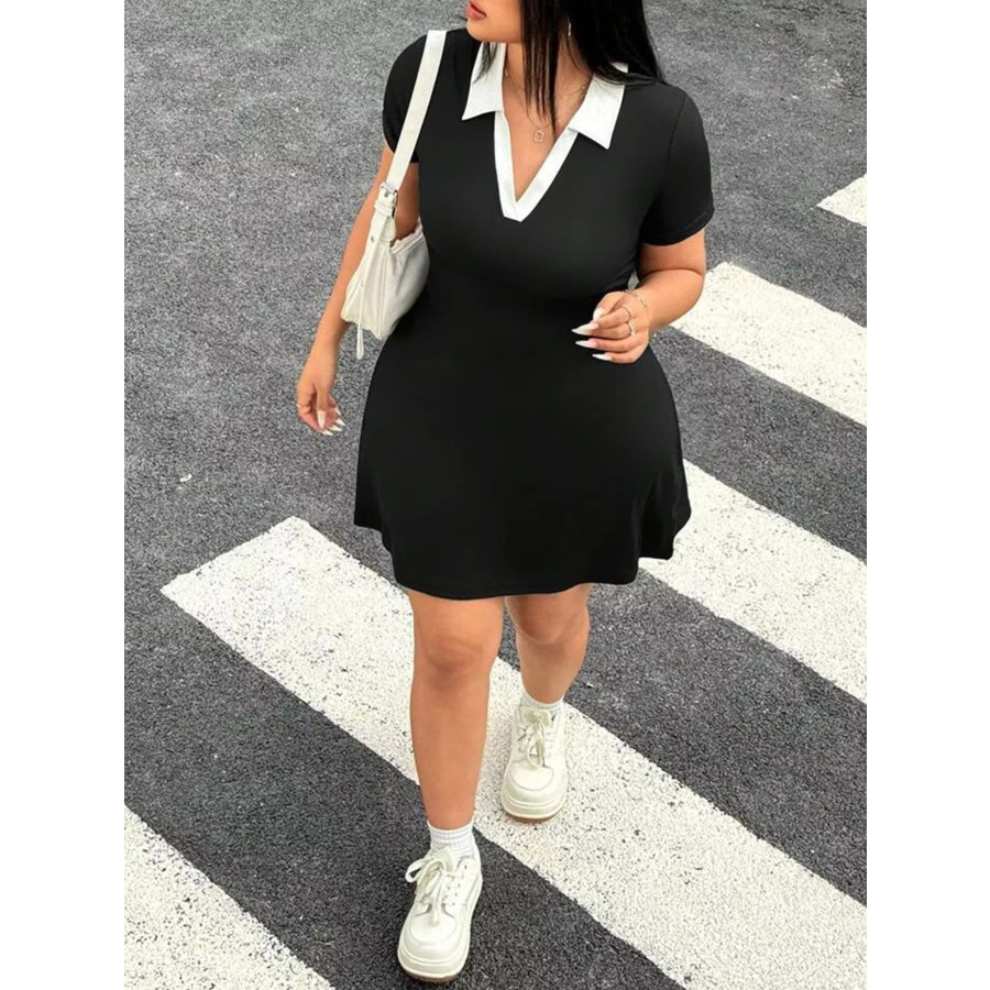 Plus Size Contrast Collar Bodycon Mini Dress Black / 0XL Apparel and Accessories