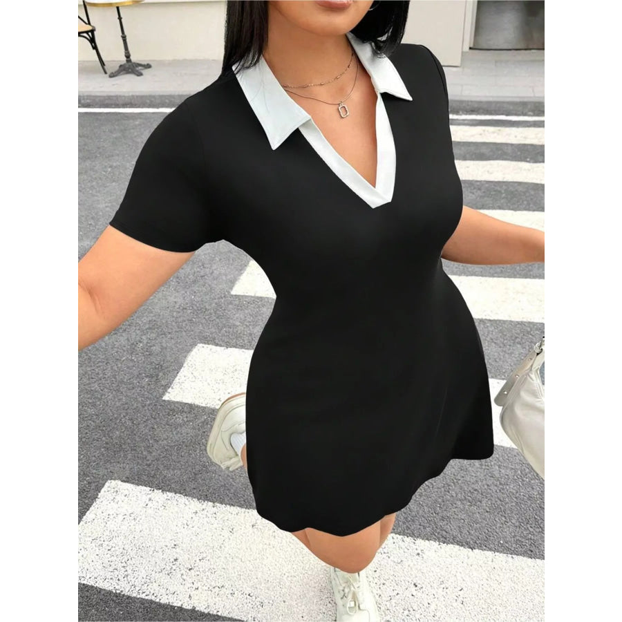 Plus Size Contrast Collar Bodycon Mini Dress Black / 0XL Apparel and Accessories