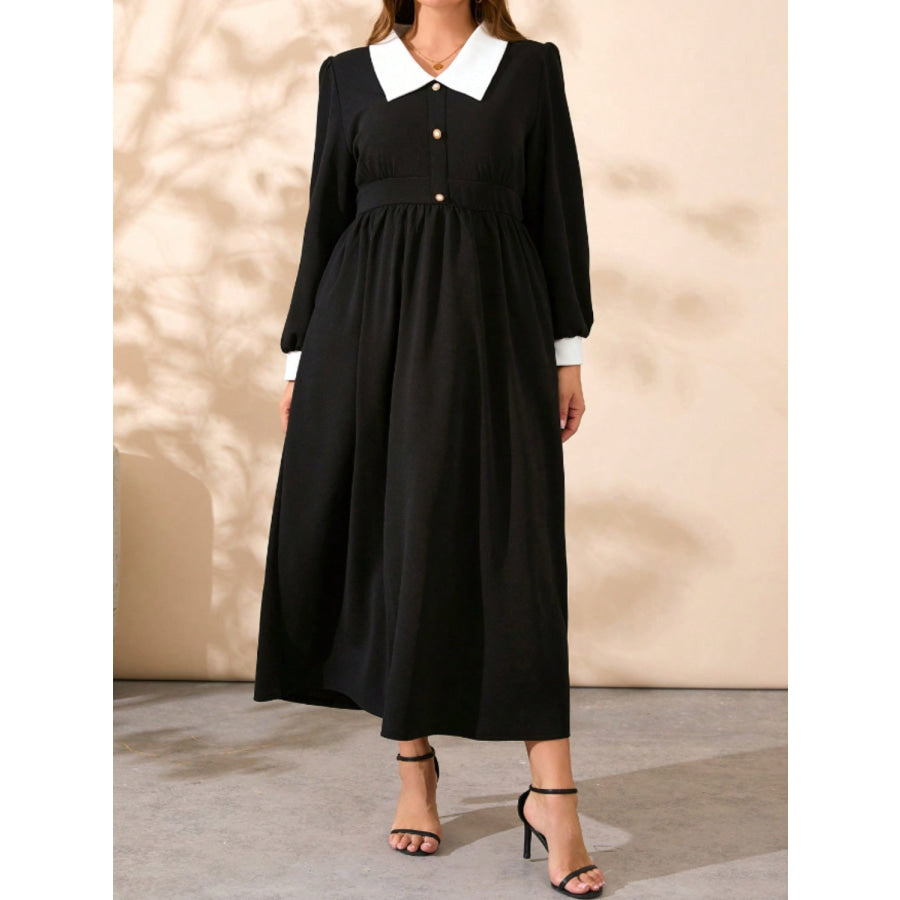 Plus Size Contrast Collared Neck Long Sleeve Midi Dress Apparel and Accessories