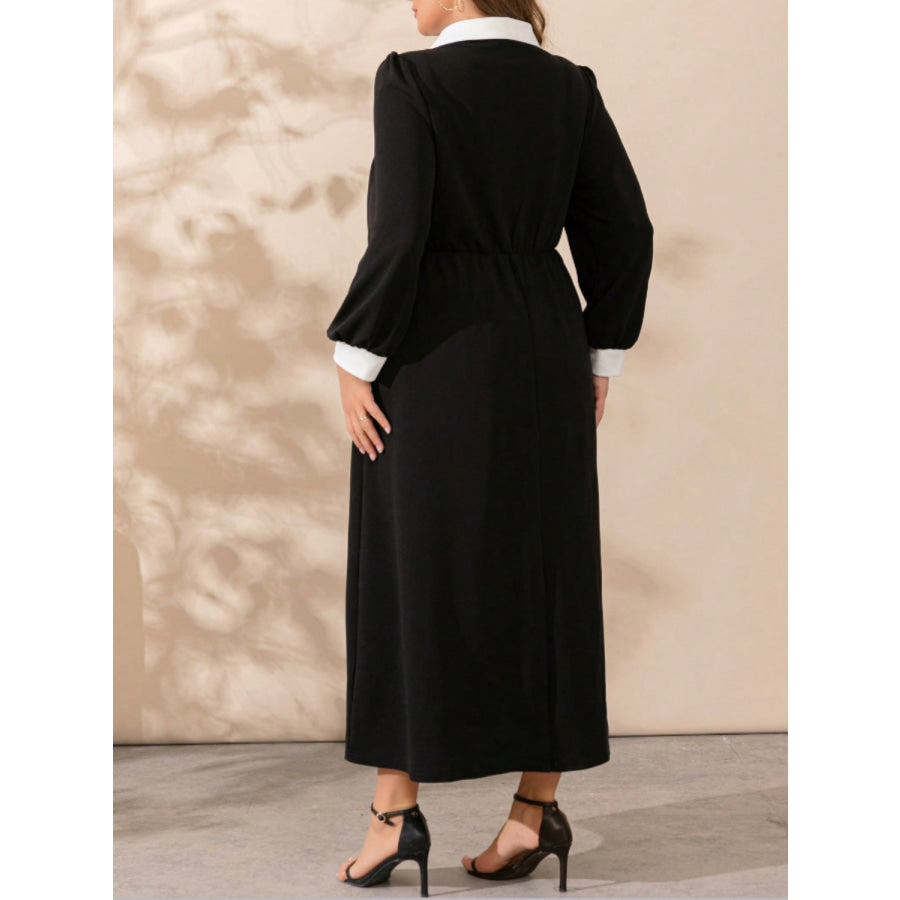 Plus Size Contrast Collared Neck Long Sleeve Midi Dress Apparel and Accessories