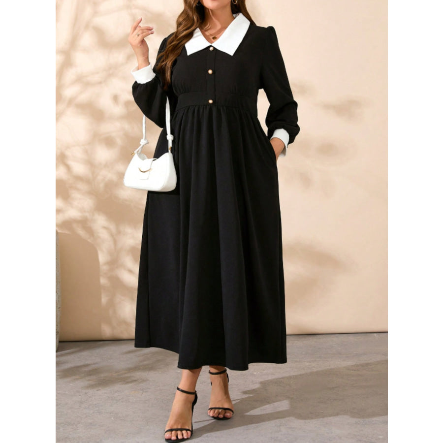 Plus Size Contrast Collared Neck Long Sleeve Midi Dress Black / 0XL Apparel and Accessories