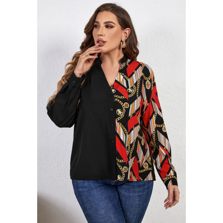 Plus Size Contrast Color Notched Neck Shirt Black / 1XL