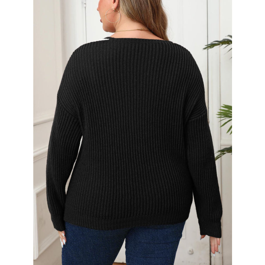 Plus Size Contrast Dropped Shoulder Long Sleeve Sweater Apparel and Accessories