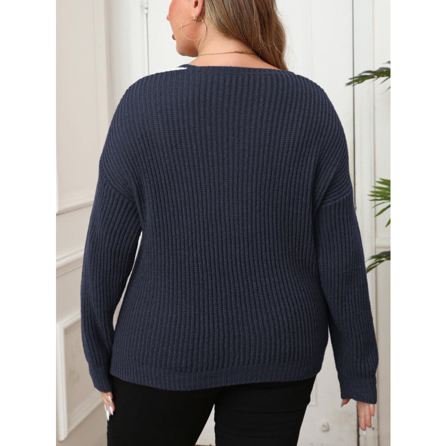 Plus Size Contrast Dropped Shoulder Long Sleeve Sweater Apparel and Accessories