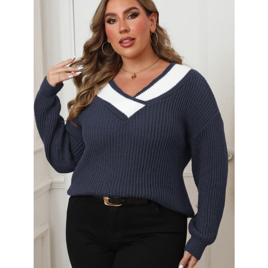 Plus Size Contrast Dropped Shoulder Long Sleeve Sweater Apparel and Accessories