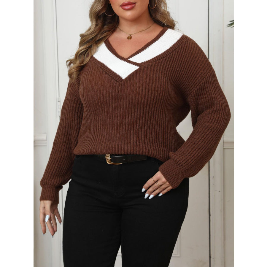 Plus Size Contrast Dropped Shoulder Long Sleeve Sweater Apparel and Accessories