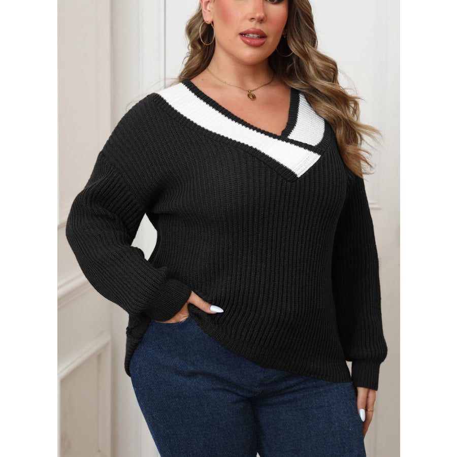 Plus Size Contrast Dropped Shoulder Long Sleeve Sweater Apparel and Accessories