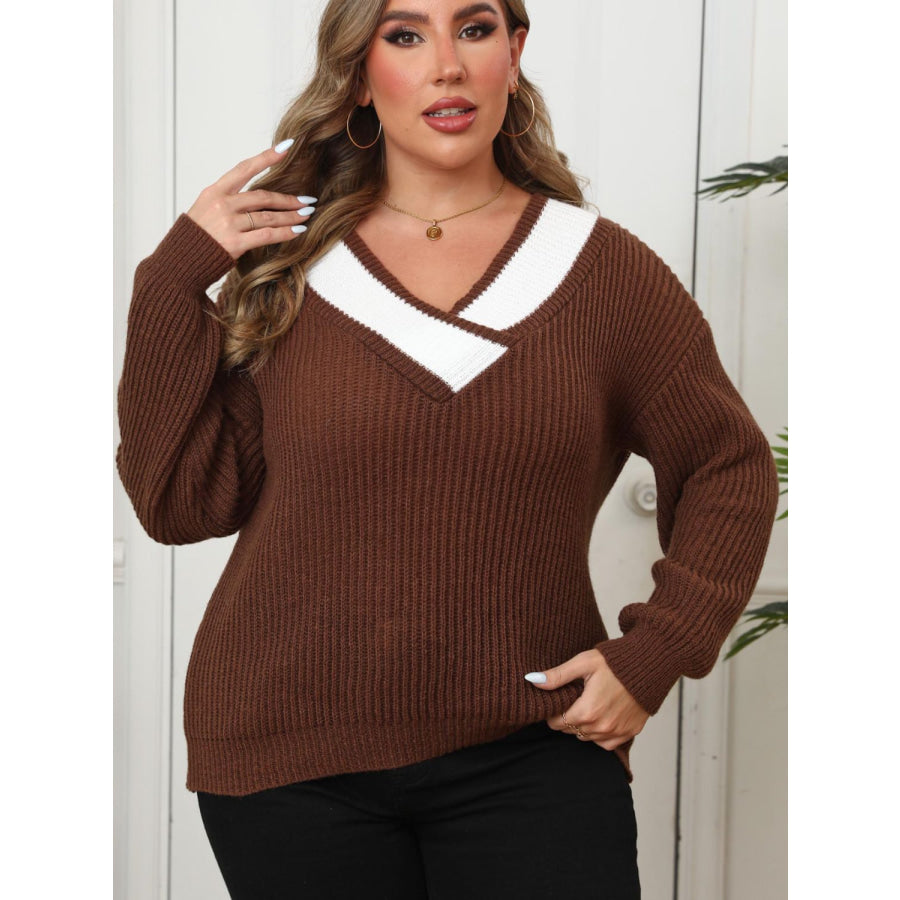 Plus Size Contrast Dropped Shoulder Long Sleeve Sweater Chocolate / 1XL Apparel and Accessories