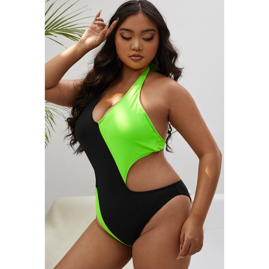 Plus Size Contrast Halter Neck Tied One-Piece Swimsuit