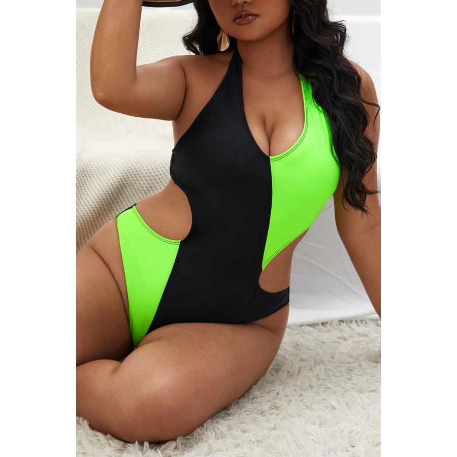 Plus Size Contrast Halter Neck Tied One-Piece Swimsuit