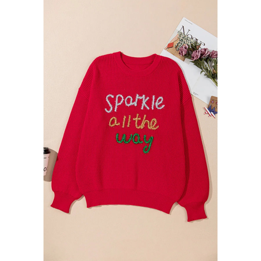 Plus Size Contrast Letter Round Neck Long Sleeve Sweater Deep Red / 1XL Apparel and Accessories