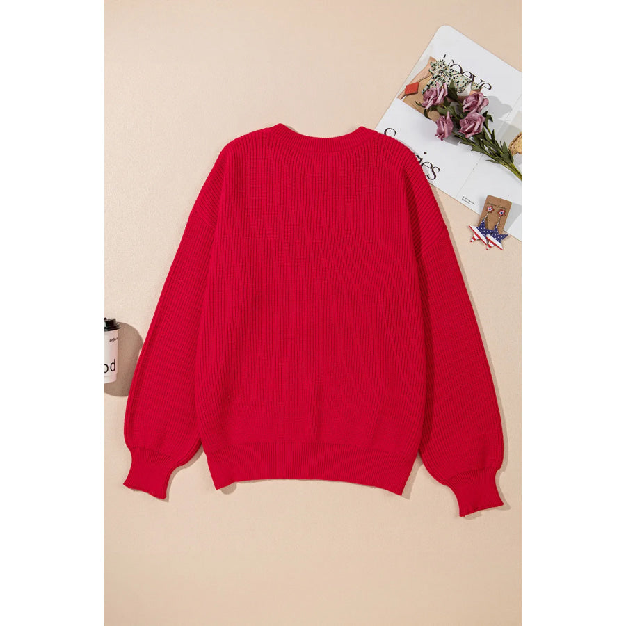 Plus Size Contrast Letter Round Neck Long Sleeve Sweater Apparel and Accessories